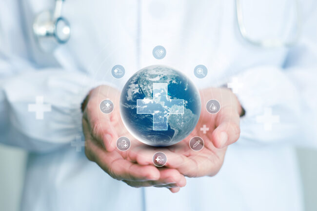 Health care medical science with digital technology. doctor in a white coat innovation, treatment, medicine and medical research in hospital. Elements of this image furnished by NASA.